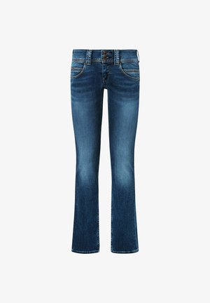 Mėlyni džinsai su plačiais apačiais, dviem mygtukais užsegami ir priekinėmis kišenėmis, matomas šiek tiek išblukęs efektas šlaunyse ir žemiau kojų.