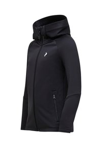 Schwarze Zip-up-Jacke mit hohem Kragen, weicher Textur, seitlichem Reißverschlussfach und kleinem Logo auf der Brust.