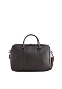 Dunkelbraune Lederhandtasche mit zwei oberen Griffen, einem abnehmbaren Schulterriemen und einer strukturierten Oberfläche. Verfügt über zwei vertikale Nähte auf der Vorderseite.