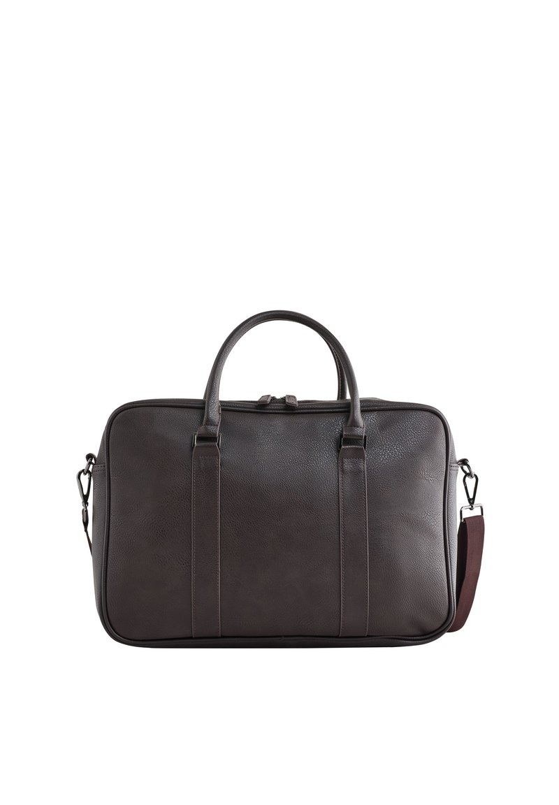 Dunkelbraune Lederhandtasche mit zwei oberen Griffen, einem abnehmbaren Schulterriemen und einer strukturierten Oberfläche. Verfügt über zwei vertikale Nähte auf der Vorderseite.