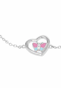 Bracciale in argento con design a farfalla, caratterizzato da accenti rosa e blu chiaro, arricchito da un piccolo cristallo al centro.