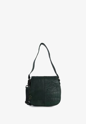 Zelená kožená crossbody taška s hladkou a embosovanou kroko-dilí texturou, s nastavitelným popruhem a magnetickým uzávěrem.