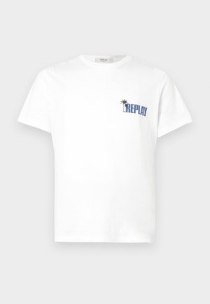 White short-sleeve crew neck T-shirt with a small blue "REPLAY" logo and palm tree graphic on the left chest.
