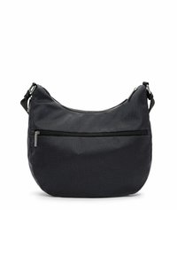 Borsa a spalla nera realizzata in tessuto testurizzato con tasca con zip, forma curvata e tracolla regolabile. Presenta un delicato motivo perforato.