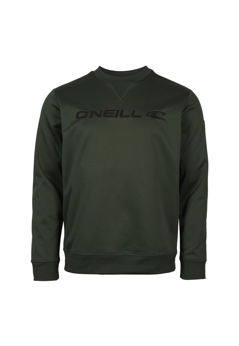 Sudadera de color verde oscuro con cuello redondo, mangas largas y un atrevido logo negro en el pecho. Fabricada con una tela suave y texturizada.