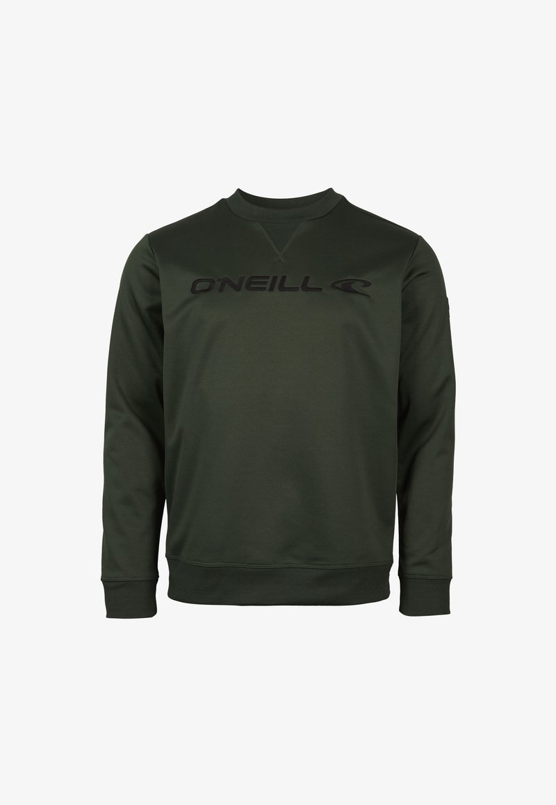 Sweatshirt vert foncé avec un col rond, des manches longues et un grand logo noir sur la poitrine. Fabriqué à partir d'un tissu doux et texturé.