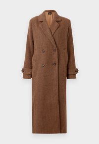Lang brun dobbelspent ullkåpe med diagonalt herringbone-mønster, reverskrave, knappede mansjetter og sidelommer.