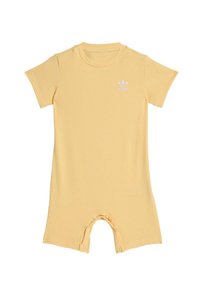 Żółty prążkowany body z krótkim rękawem, zapinane na zatrzaski u dołu, z małym białym logo Adidas na piersi.