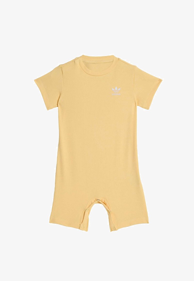 Żółty prążkowany body z krótkim rękawem, zapinane na zatrzaski u dołu, z małym białym logo Adidas na piersi.
