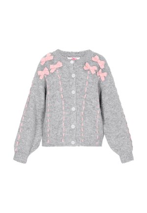 Cardigan grigio a maglia con maniche lunghe, cinque bottoni bianchi e applicazioni a forma di fiocco rosa. Presenta una cucitura decorativa rosa lungo la parte anteriore.