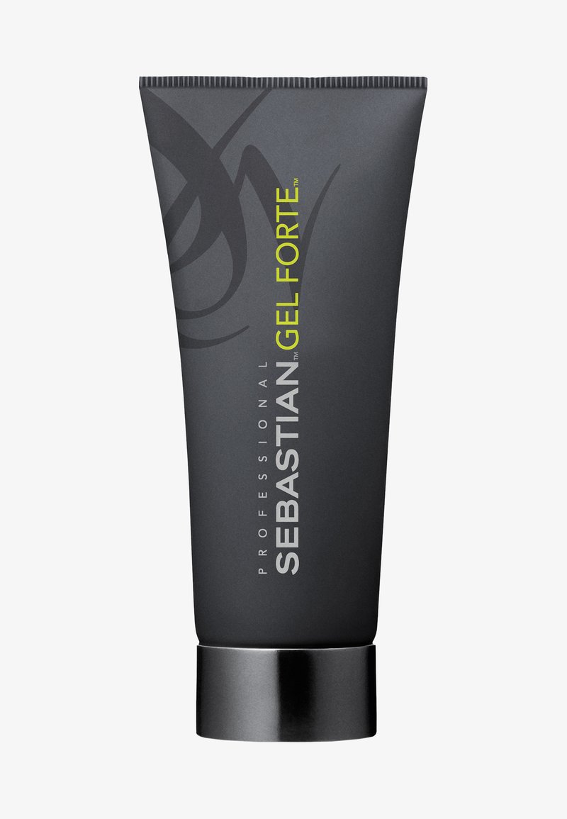 Schwarze Quetschtube des Sebastian Gel Forte mit grauer Markenbeschriftung. Verfügt über eine glatte, matte Oberfläche und einen schwarzen Deckel. Klare, moderne Typografie.