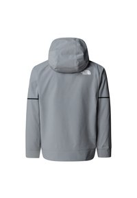 Grå hettejakke med glatt tekstur, med en logo på øvre del av ryggen og en svart aksentstripe langs ermene.