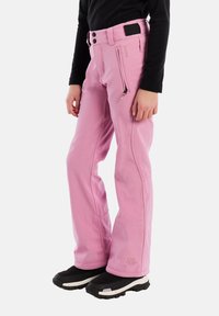Ružové lyžiarske nohavice s vreckom na zips, nastaviteľným pásom a spevnenými švami. Vyrobené z odolného materiálu, navrhnuté pre zimné aktivity.