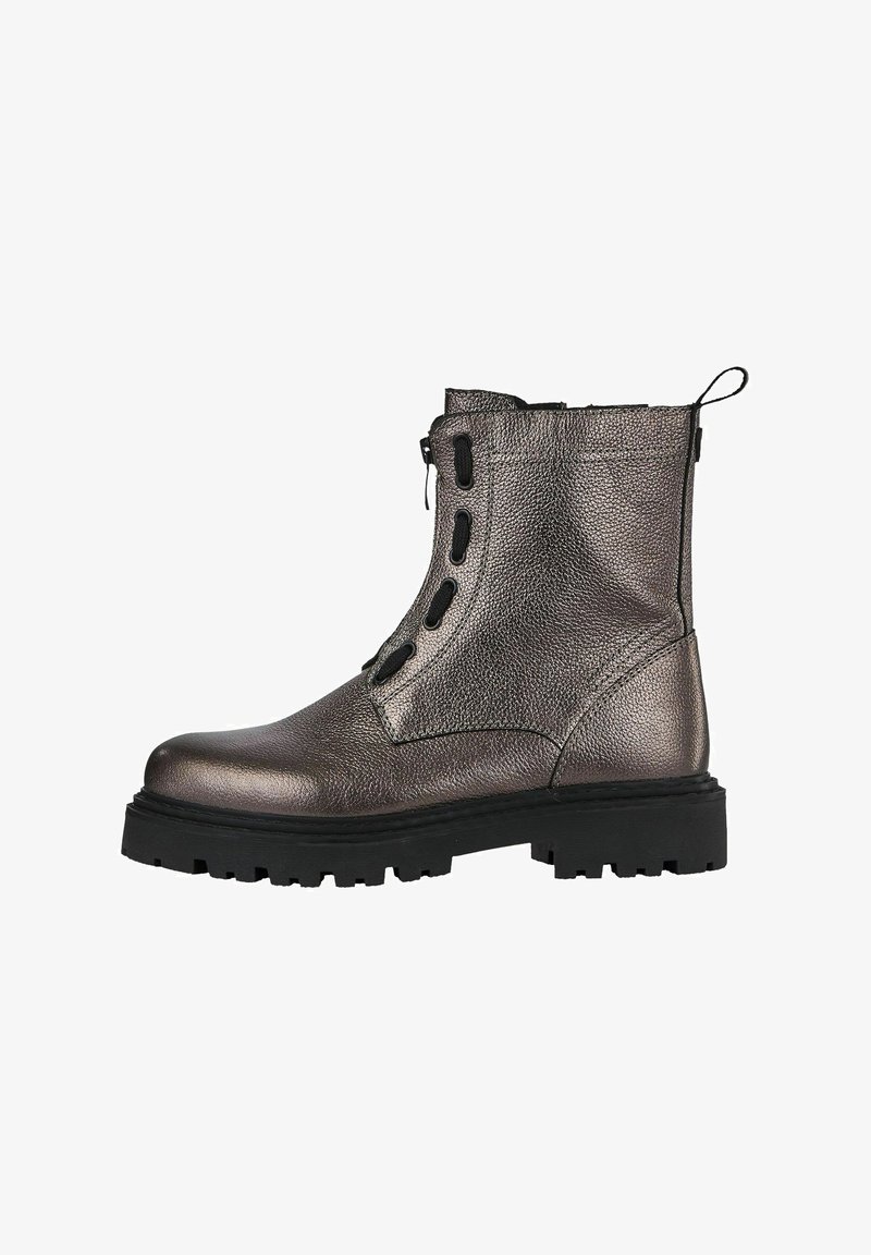 Metallic bronze ankle boots with a textured finish, rugged black sole, and side zipper closure, featuring circular cut-outs on the side.