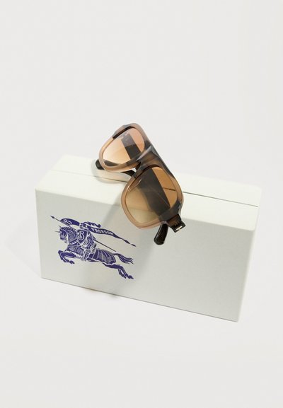 Καφέ σκουρόχρωμα γυαλιά ηλίου τοποθετημένα πάνω σε ένα λευκό κουτί με λογότυπο μπλε ιππότη επάνω σε άλογο που κρατά δόρυ.