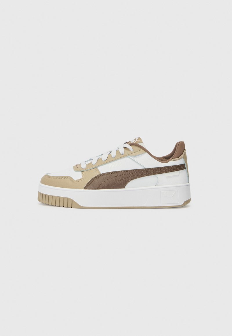 Sneakers with a white leather upper, brown leather accents, beige synthetic overlays, and a thick white rubber sole. Features white laces.