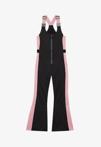 Mono de esquí negro y rosa con piernas acampanadas, tirantes ajustables, cremallera frontal y paneles laterales en contraste, hecho de un material suave y elástico.