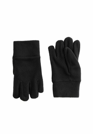 Paar schwarze FleecevHandschuhe mit fünf Fingern, flach auf weißem Hintergrund gezeigt, mit dickem Bündchen an jedem Handschuh.