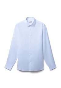 Camicia a maniche lunghe blu chiaro, realizzata in cotone liscio, con colletto classico, bottoni frontali e orlo dritto.