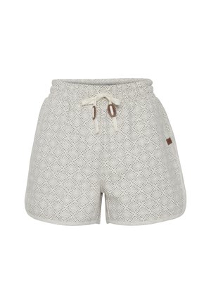 Pantaloni corti bianchi traforati con vita elasticizzata e cordino regolabile. Presentano tasche laterali e un'etichetta del marchio discreta sul lato.