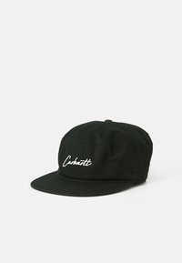 Black cap made of cotton. Features a flat brim, structured crown, and white embroidered logo on the front. Simple design with no additional accents.