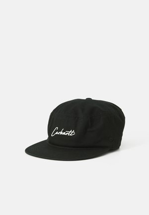Black cap made of cotton. Features a flat brim, structured crown, and white embroidered logo on the front. Simple design with no additional accents.