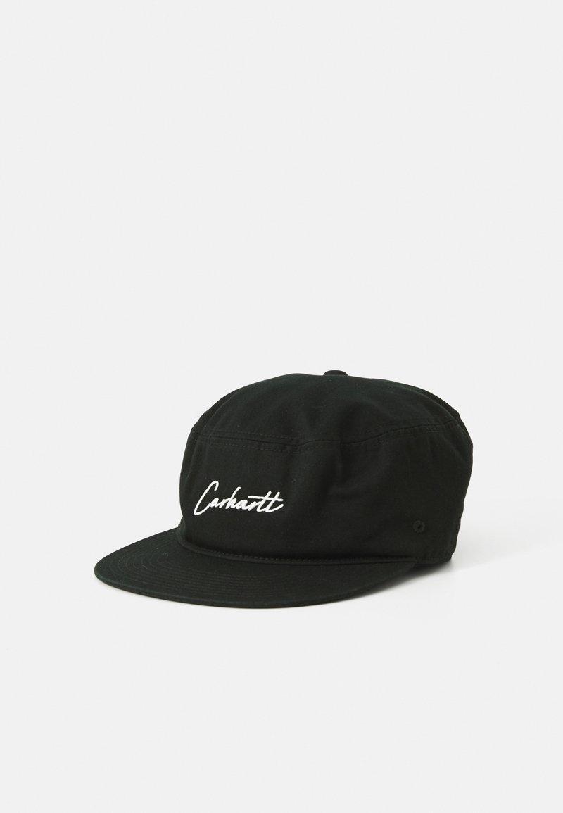 Black cap made of cotton. Features a flat brim, structured crown, and white embroidered logo on the front. Simple design with no additional accents.