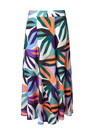 Jupe midi multicolore présentant des motifs audacieux de feuilles en vert, violet, orange et bleu sur fond blanc ; fabriquée en tissu léger.