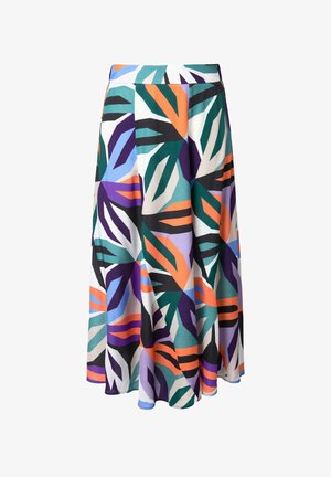 Monivärinen midi-hame, jossa rohkeat lehtikuviot vihreänä, purppurana, oranssina ja sinisenä valkoisella taustalla; valmistettu kevyestä kankaasta.