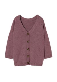 Svetr s V-výstřihem a dlouhým rukávem v tlumené mauve, vyrobený z texturovaného pleteného materiálu. Obsahuje pět hnědých knoflíků a žebrované manžety a lem.