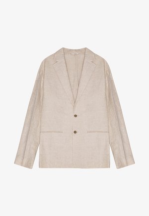 Beiger Leinenblazer mit einem Reverskragen, zwei vorderen Knöpfen und Seitentaschen. Hat eine glatte Textur und eine entspannte Silhouette.