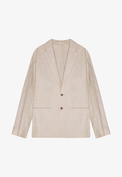 Beżowa lniana marynarka z klapami, dwoma przednimi guzikami i bocznymi kieszeniami. Charakteryzuje się gładką fakturą i swobodnym krojem.