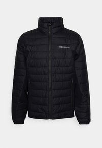 Svart puffjacka med hög krage, dragkedja framtill och sidofickor. Har quiltad textur och Columbia-logotyp på bröstet.