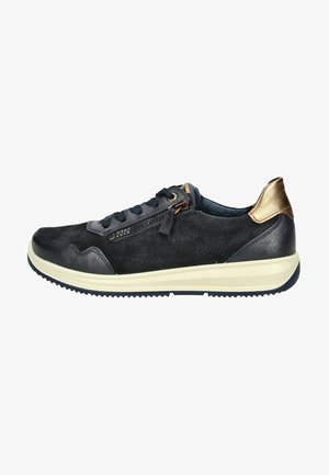 Zapatillas de ante azul marino con detalles en cuero, diseño de cordones, cremallera lateral, entresuela blanca en contraste y suela de goma texturizada.
