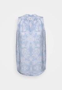 Haut sans manches bleu clair avec un décolleté en V, orné de motifs floraux blancs et de détails plissés au niveau du décolleté. Tissu doux et léger.