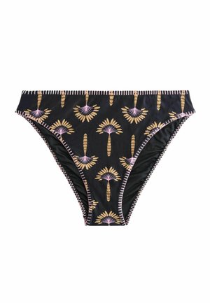Schwarzer Bikini-Slip mit gelben und pinken Palmenmustern und pinken Zickzacknähten an den Rändern.