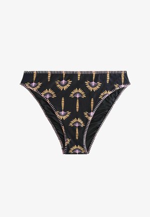 Schwarzer Bikini-Slip mit gelben und pinken Palmenmustern und pinken Zickzacknähten an den Rändern.