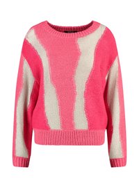 Rosa- und cremefarbener Strickpullover mit Rundhalsausschnitt, ausgestattet mit abstrakten Wellenmustern, oversized Passform sowie Rippbündchen und -saum.