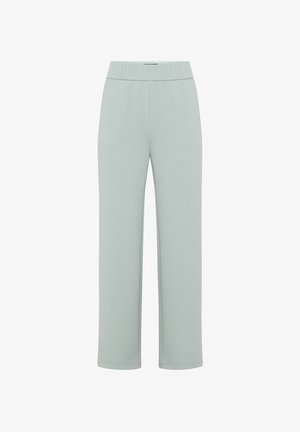 Pantalon gris clair à jambes droites avec une ceinture élastique, sans poches visibles ni ornements, présenté sur un fond blanc.