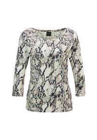 Damen Langarmoberteil mit Rundhalsausschnitt, versehen mit einem schwarz-weißen Schlangenledermuster.