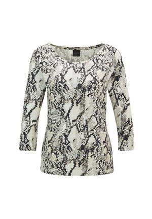 Damen Langarmoberteil mit Rundhalsausschnitt, versehen mit einem schwarz-weißen Schlangenledermuster.