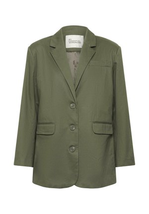 Blazer olive à simple boutonnage avec trois boutons, revers à encoche, deux poches à rabat à l'avant et une poche passepoilée sur la poitrine.