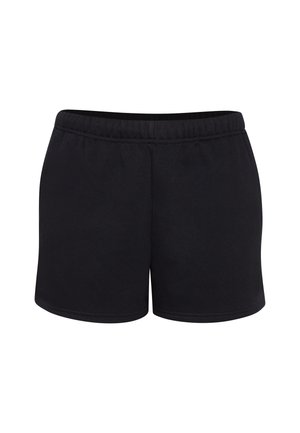 Pantaloni corti neri realizzati in morbido tessuto di cotone misto, con una vita elasticizzata e una linea semplice e dritta, senza motivi o decorazioni.