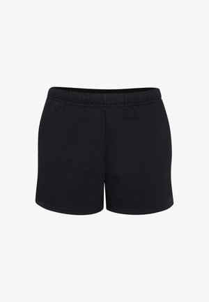 Pantaloni corti neri realizzati in morbido tessuto di cotone misto, con una vita elasticizzata e una linea semplice e dritta, senza motivi o decorazioni.