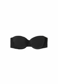 Svart bandeau-bh med formade kupor. Slät tyg, sömlös design och en band utan synliga detaljer. Klassisk minimalistisk stil.
