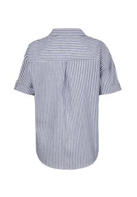 Camicia a maniche corte a righe blu e bianche, con una piega sul retro, colletto e maniche arrotolate. Realizzata in tessuto leggero.