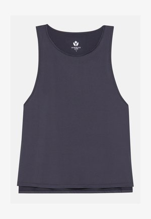 Top active grigio scuro realizzato in un tessuto morbido e traspirante. Presenta una scollatura rotonda e un design senza maniche con una vestibilità rilassata.