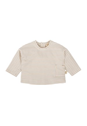 Top a rayas en color crema, con mangas tres cuartos, cuello redondo y un bolsillo frontal. Está hecho de una tela suave, con rayas de color beige claro uniformemente distribuidas.