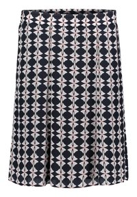 Polvipituinen A-mallinen hame, jossa tummansininen pohja ja toistuva geometrinen kuvio vaaleanpunaisena ja valkoisena, joustavalla vyötärönauhalla.