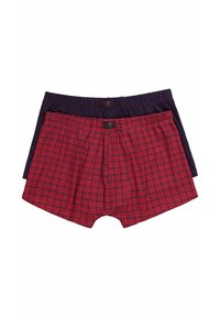 Röd rutiga och marinblå boxershorts med elastiska midjeband, tillverkade av mjukt bomullsmaterial och med en klassisk design.
